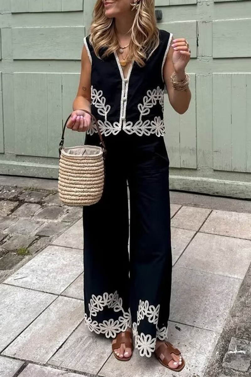 Street Color Embroidered Contrast V Neck Sleeveless Two Pieces
