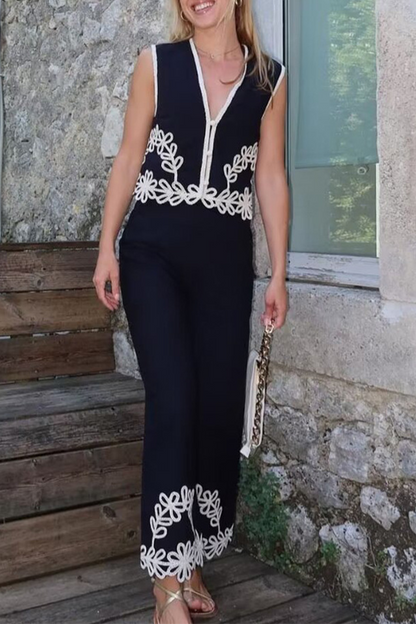 Street Color Embroidered Contrast V Neck Sleeveless Two Pieces