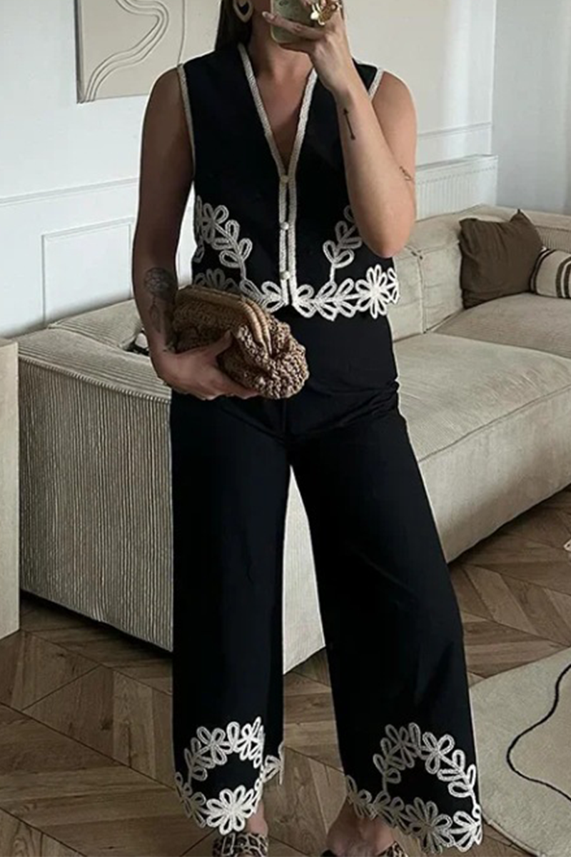 Street Color Embroidered Contrast V Neck Sleeveless Two Pieces
