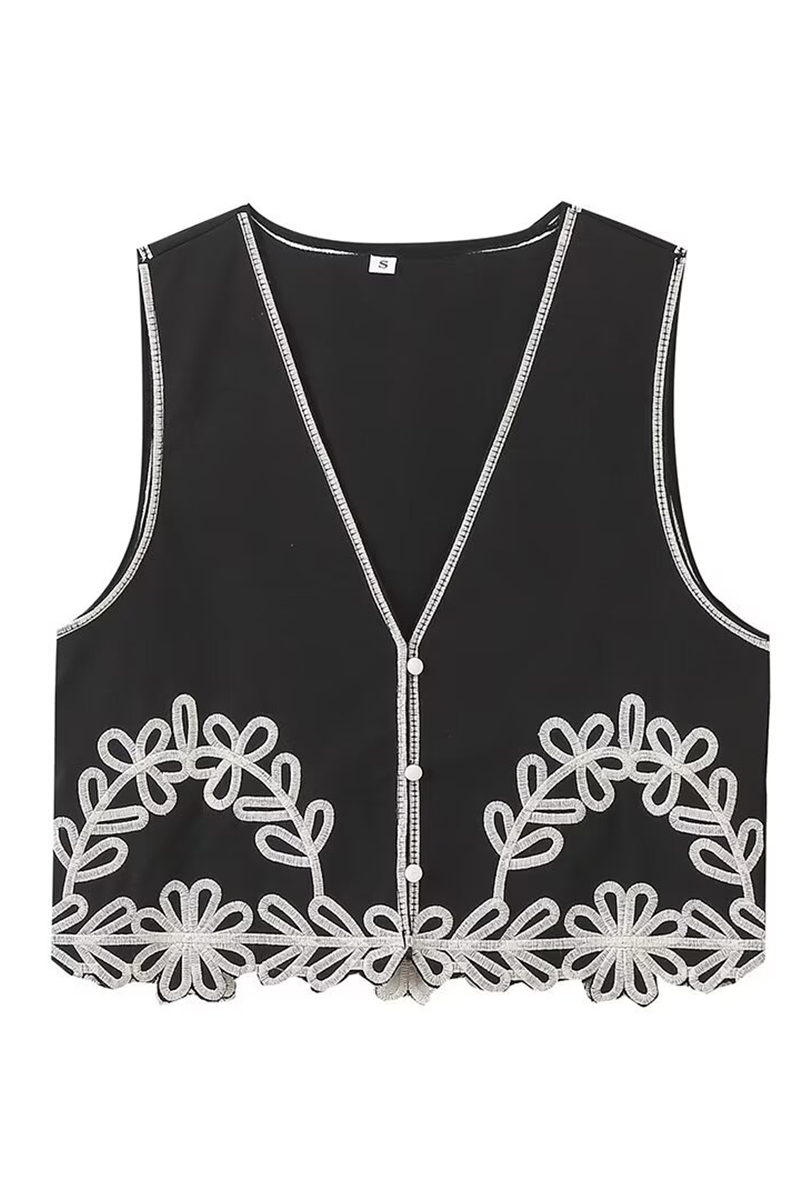 Street Color Embroidered Contrast V Neck Sleeveless Two Pieces