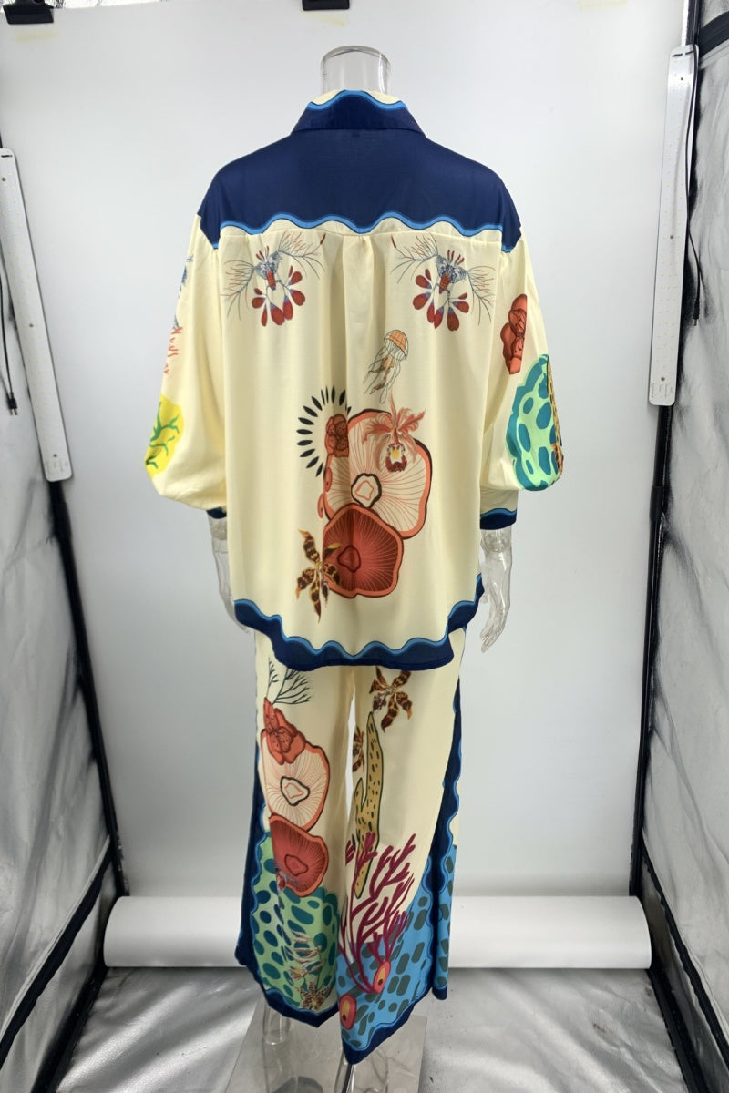 Print Basic Turndown Collar Long Sleeve Two Pieces