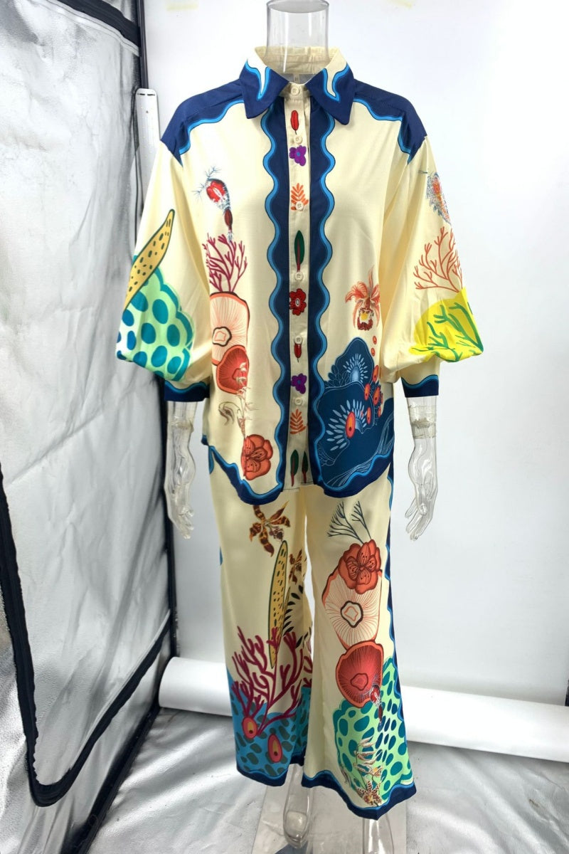 Print Basic Turndown Collar Long Sleeve Two Pieces