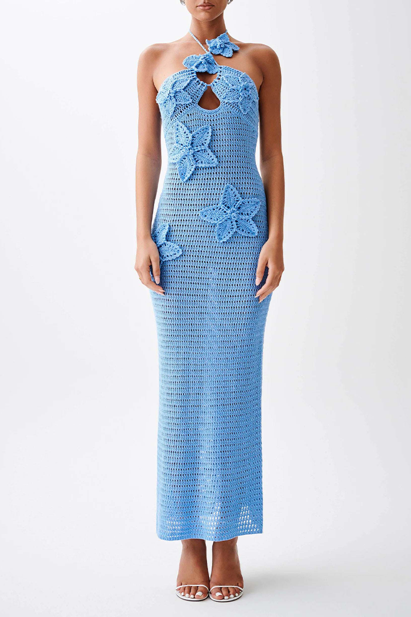 Color Flowers Knit Halter One Step Skirt Dresses(3 Colors)