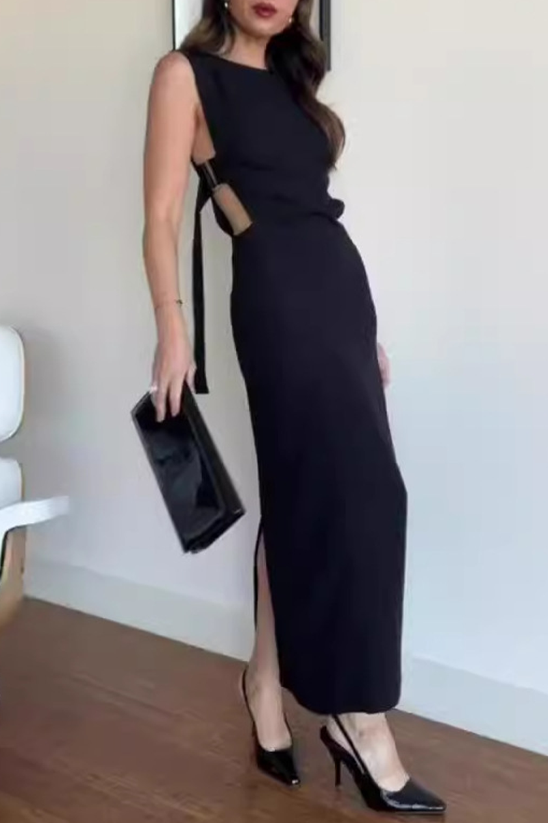 Street Color Hollow Out Slit O Neck One Step Skirt Dresses