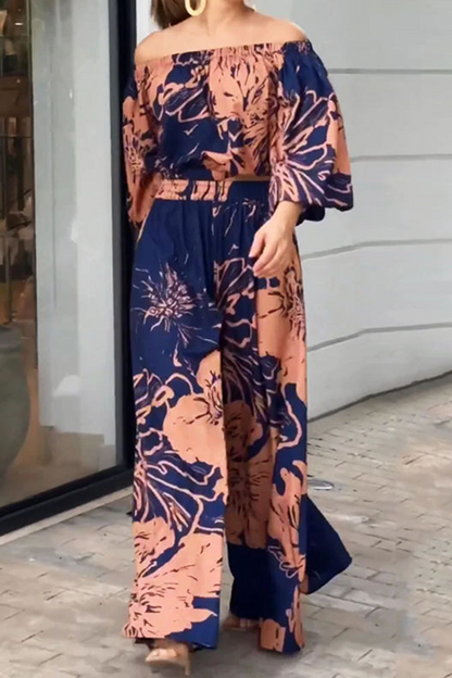 Street Print Patchwork Off Shoulder Three Quarter Two Pieces