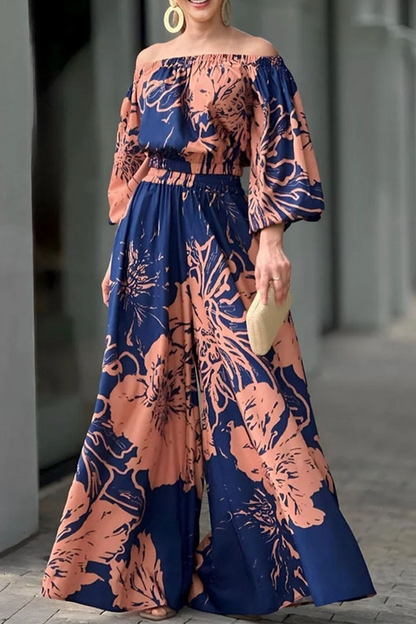 Street Print Patchwork Off Shoulder Three Quarter Two Pieces