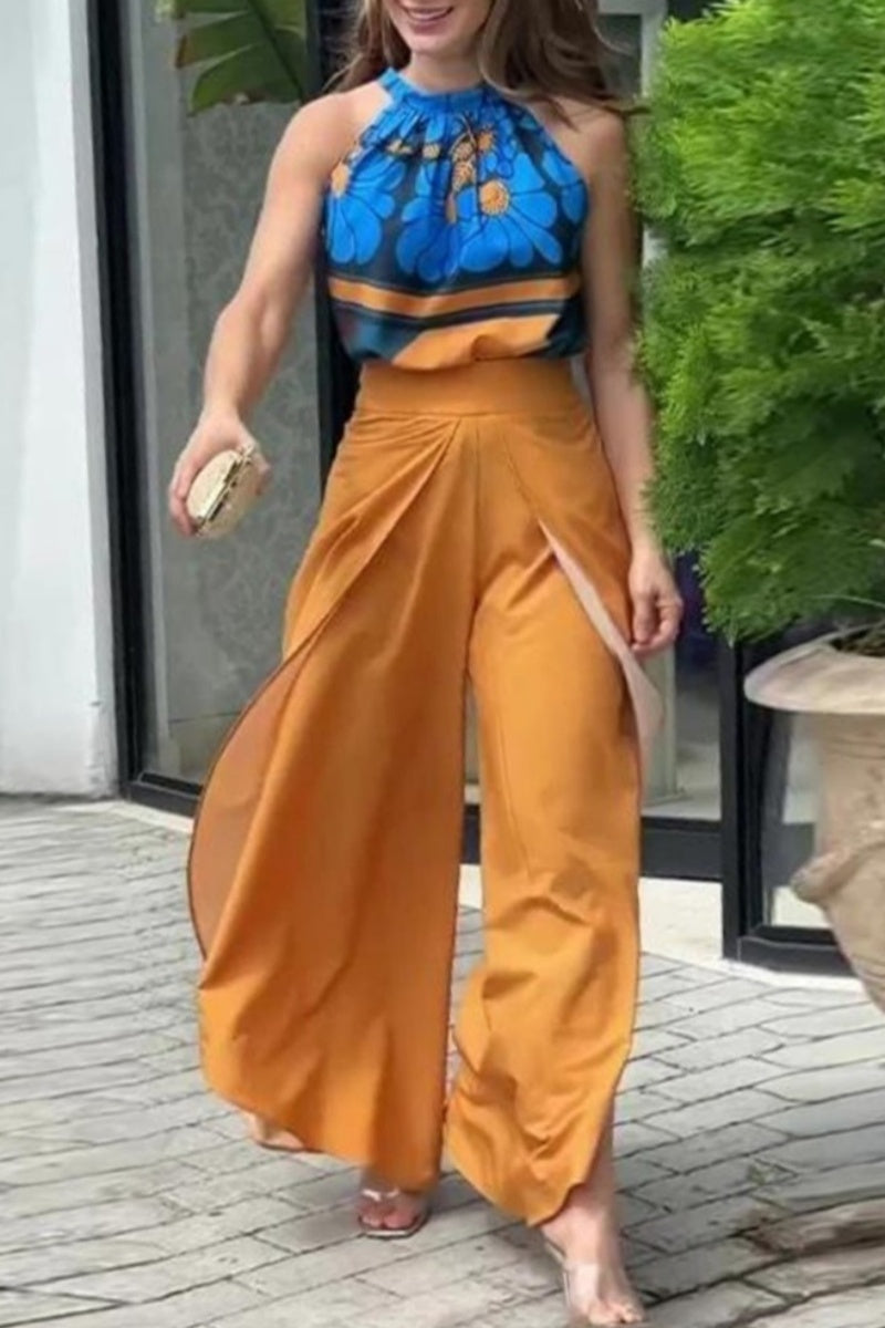 Print Patchwork O Neck Sleeveless Two Pieces