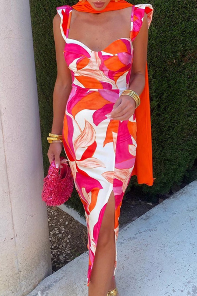 Print Slit Square Neck Wrapped Skirt Dresses