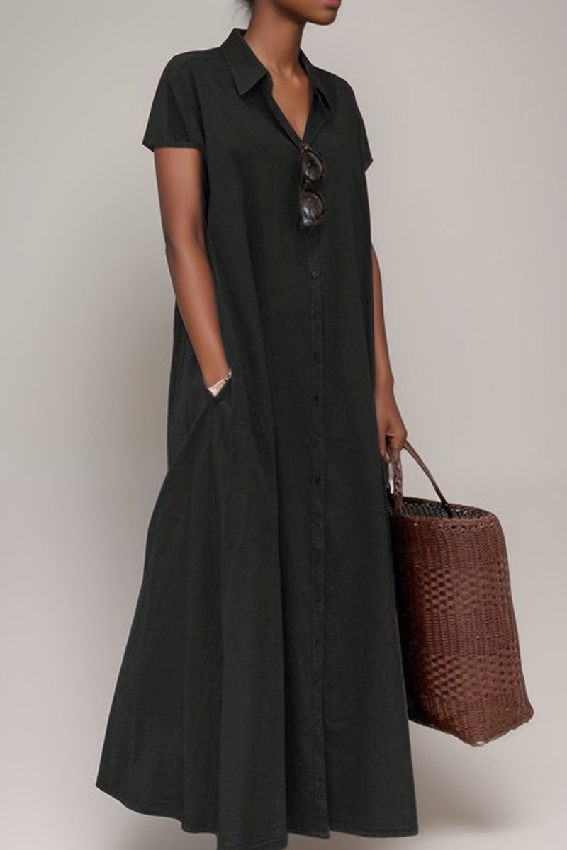 Color Print Patchwork Shirt Collar Long Dresses(6 Colors)