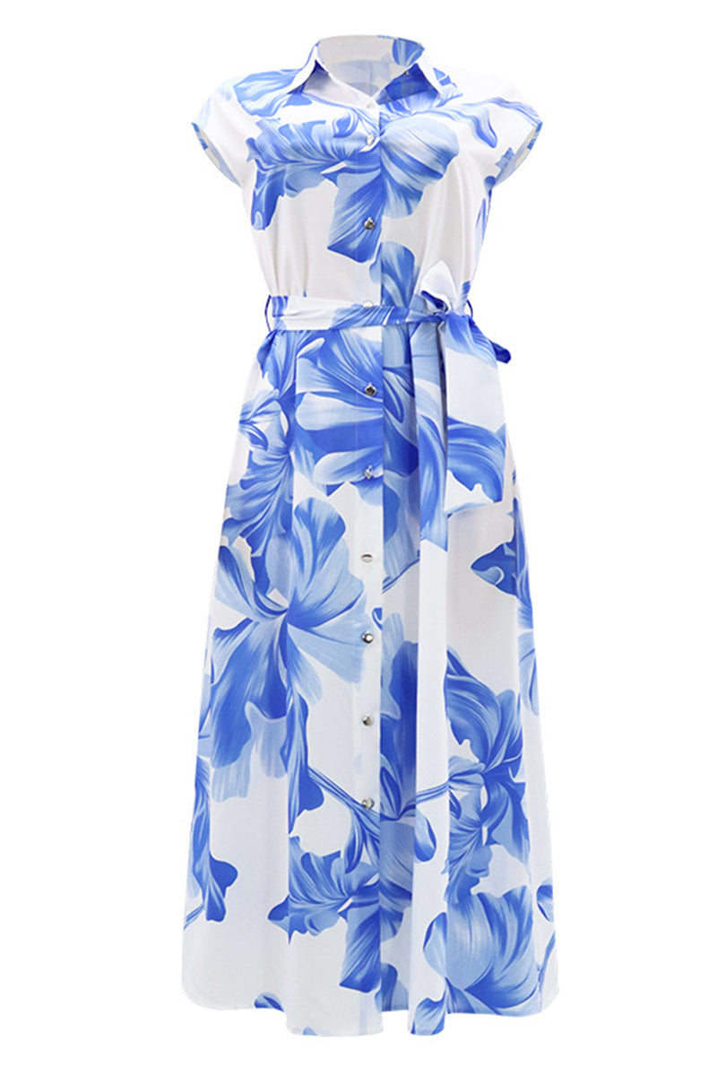 Print Buttons Turndown Collar Long Dresses