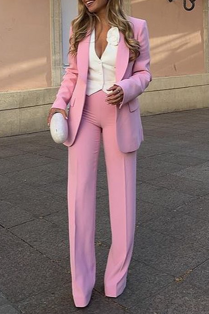 Business Wear Color Patchwork Turn-back Collar Long Sleeve Two Pieces