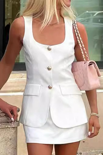Color Buttons U Neck Sleeveless Two Pieces