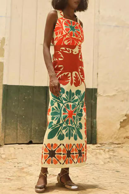 Geometric Print Patchwork Backless Square Neck One Step Skirt Dresses