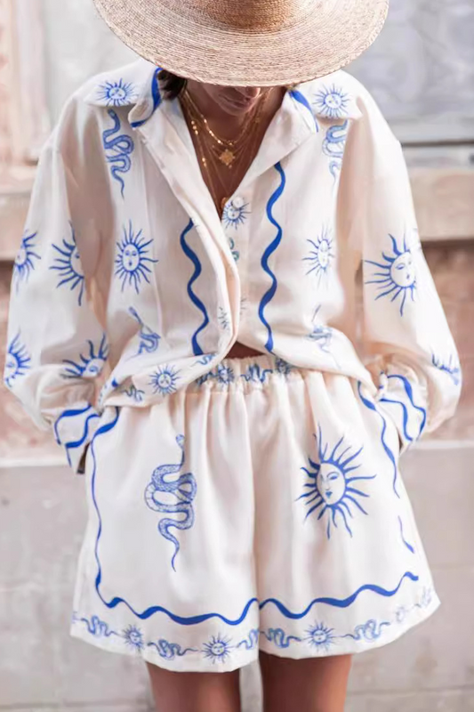 Street Animal Print Pocket Turndown Collar Long Sleeve Two Pieces
