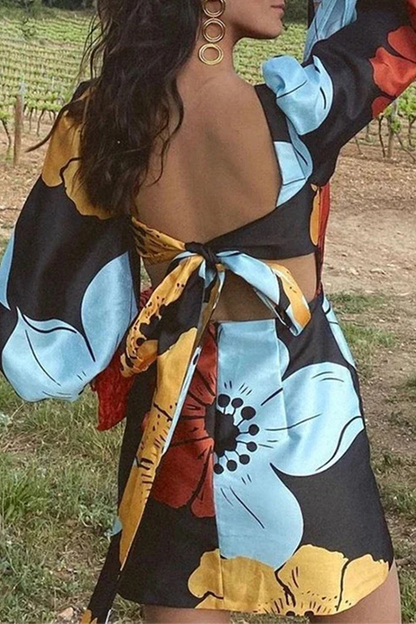 Street Print Lace Up Backless O Neck Wrapped Skirt Dresses