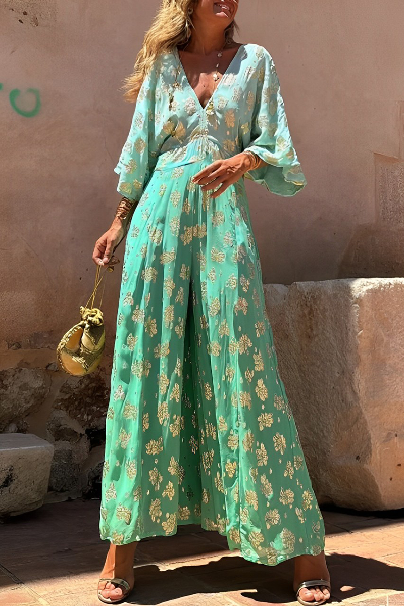 Daily Gradient Print Bronzing Pattern V Neck Loose Jumpsuits