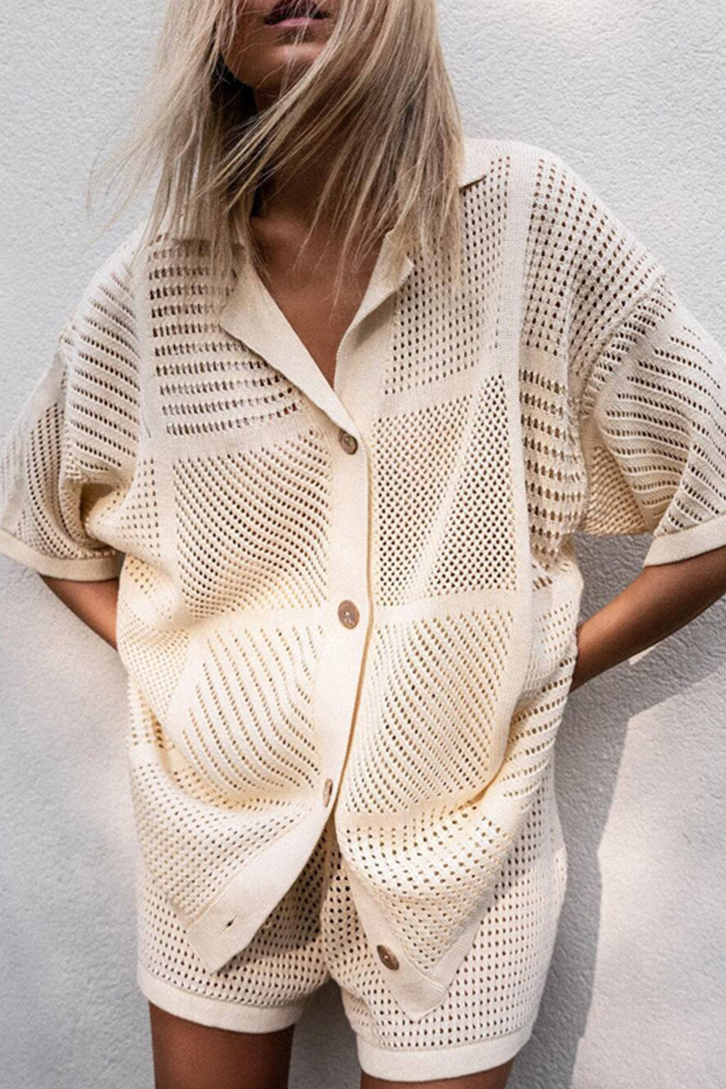 Hollowed Out Turndown Collar Half Sleeve Two Pieces