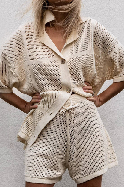 Hollowed Out Turndown Collar Half Sleeve Two Pieces