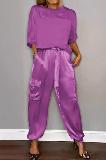 Pocket O Neck Short Sleeve Two Pieces