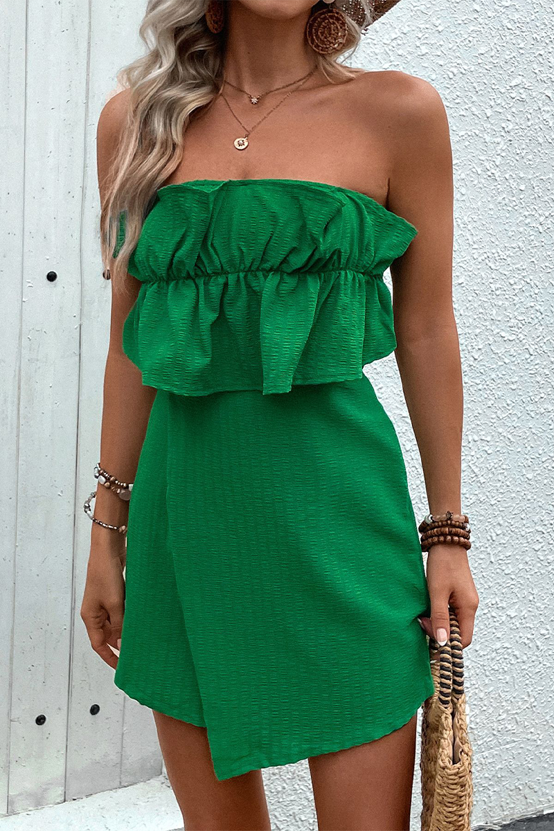 Street Color Ruffle Zipper Strapless Rompers
