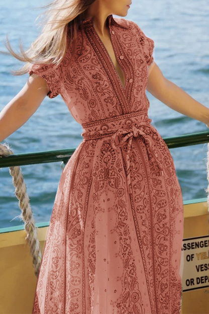Print Pocket Turndown Collar Short Sleeve Two Pieces
