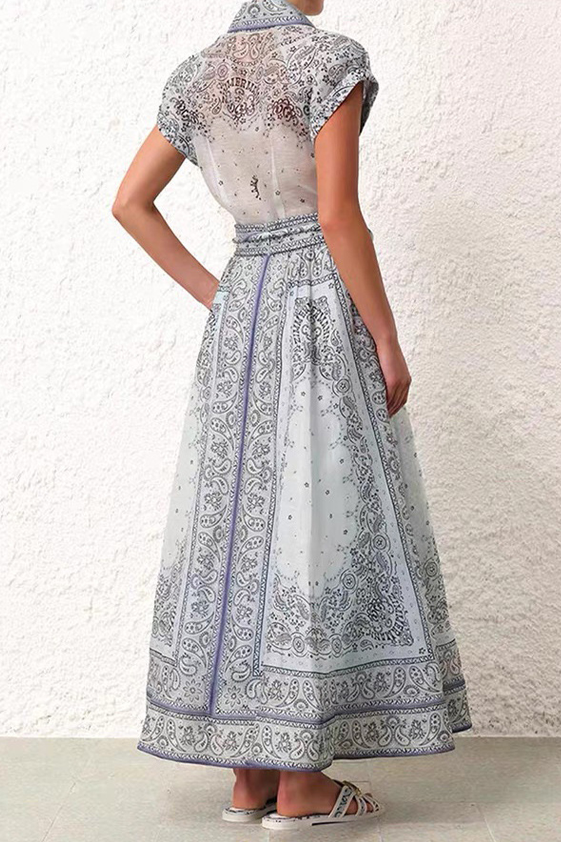 Print Pocket Turndown Collar Short Sleeve Two Pieces