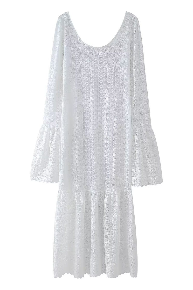Color Embroidered Hollow Out U Neck One Step Skirt Dresses
