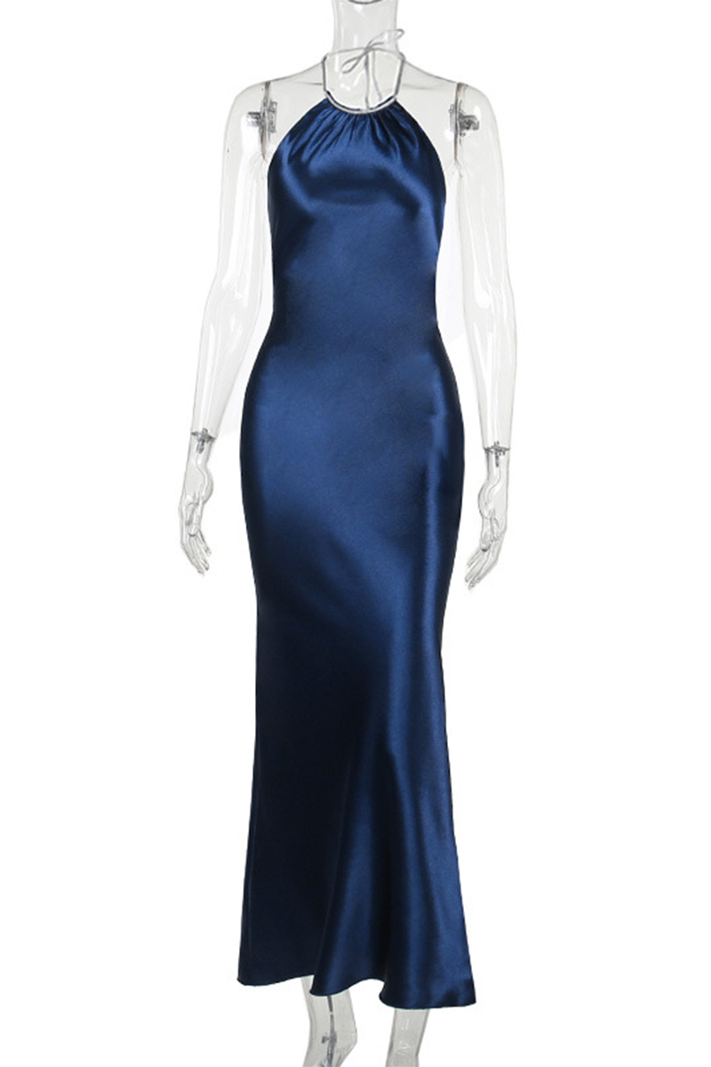Color Backless Reflective Halter One Step Skirt Dresses