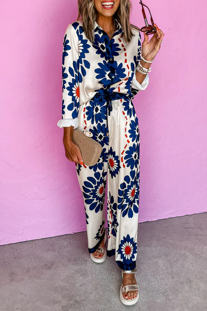 Street Flowers Print Pocket Lace Up Buttons Turndown Collar Long Sleeve Two Pieces
