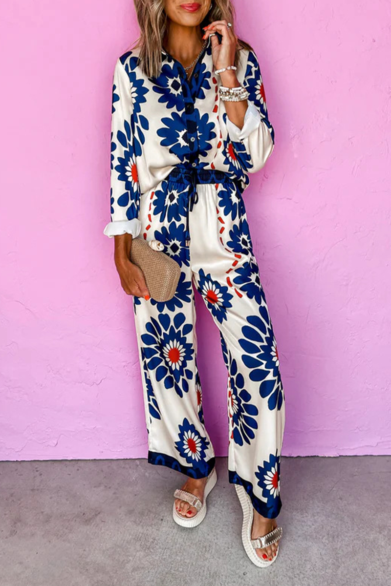 Street Flowers Print Pocket Lace Up Buttons Turndown Collar Long Sleeve Two Pieces