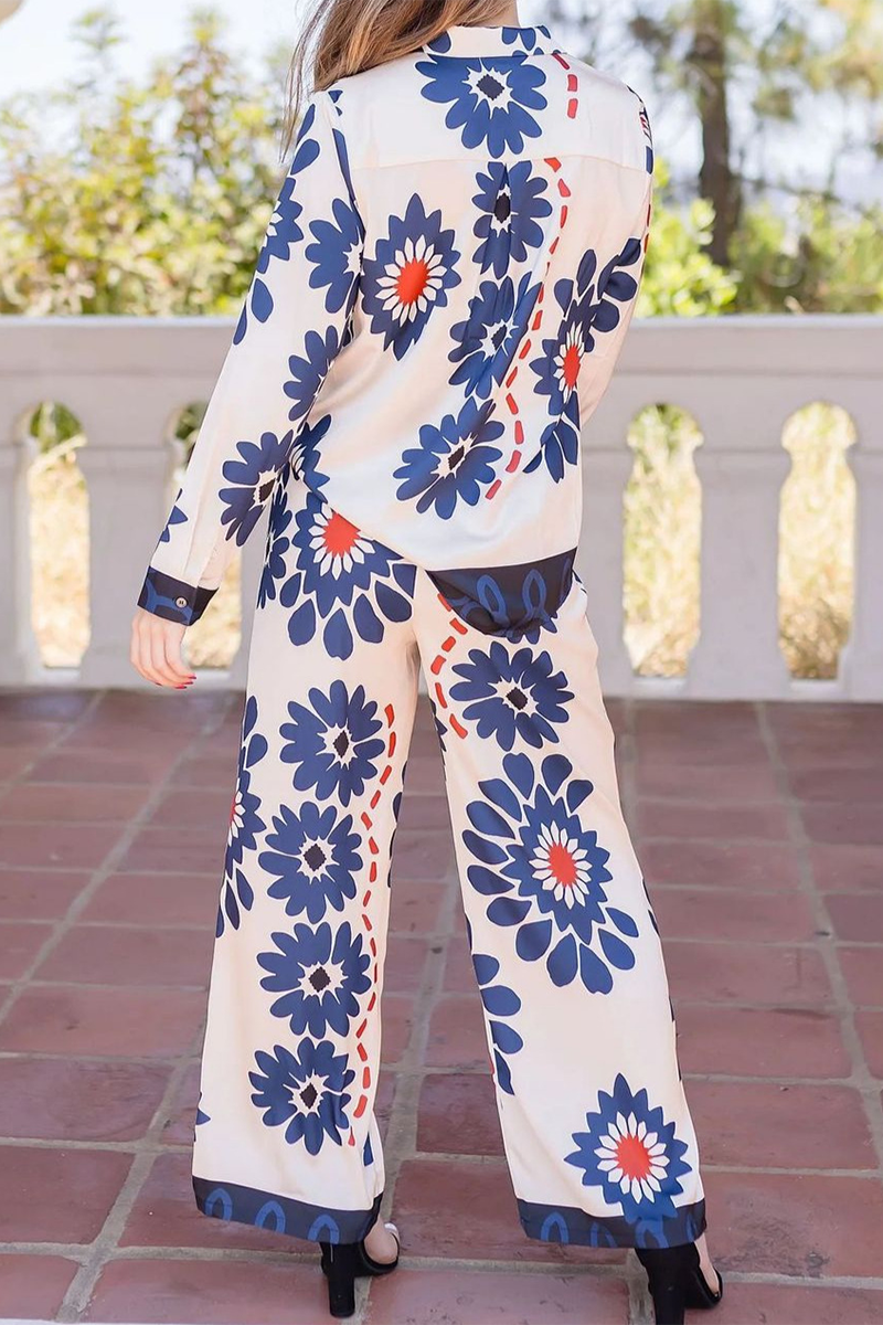 Street Flowers Print Pocket Lace Up Buttons Turndown Collar Long Sleeve Two Pieces