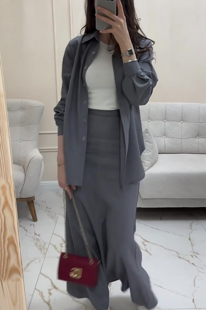 Daily Color Buttons Turndown Collar Long Sleeve Two Pieces