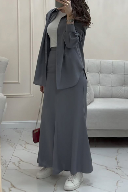 Daily Color Buttons Turndown Collar Long Sleeve Two Pieces