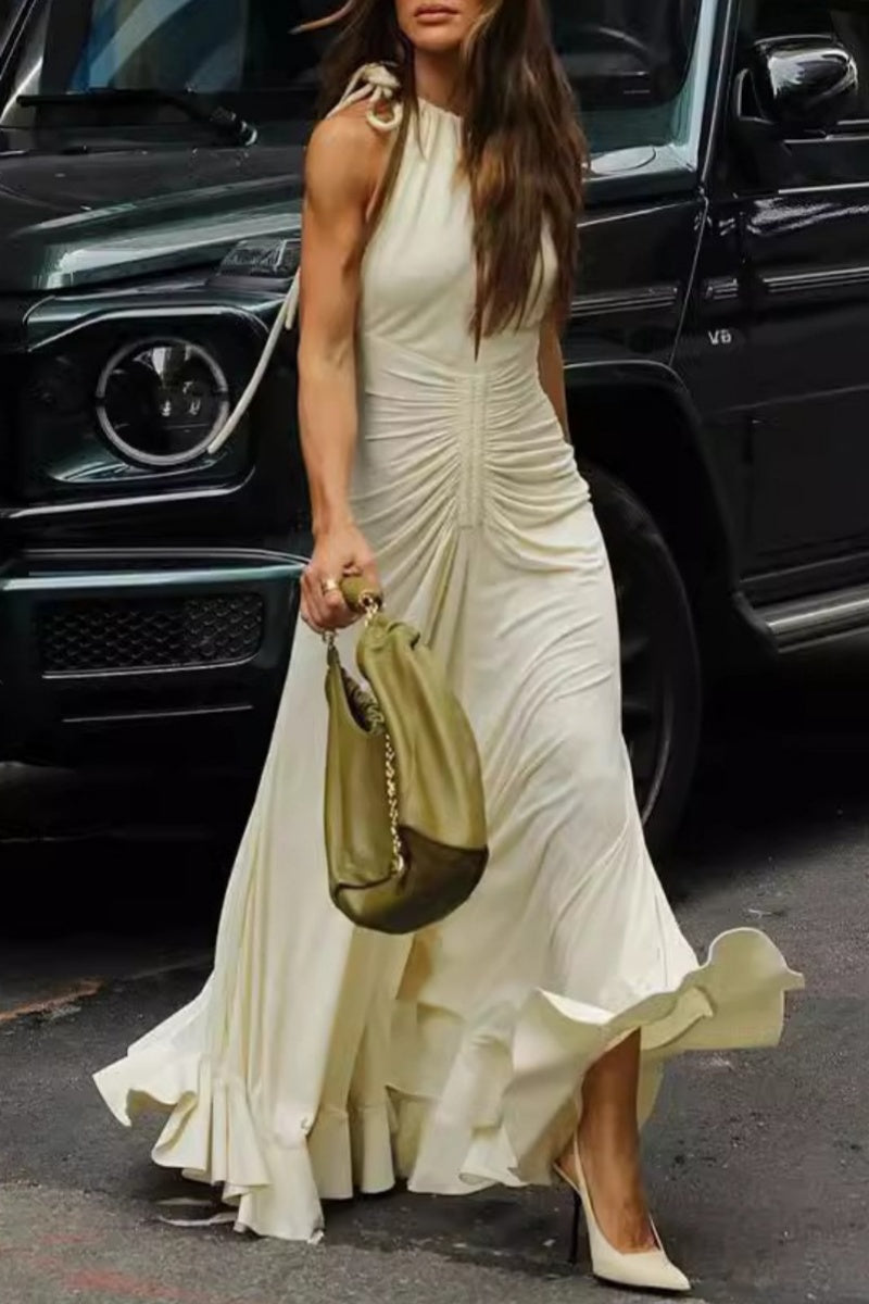 Color Hollow Out Ruched O Neck Long Dresses