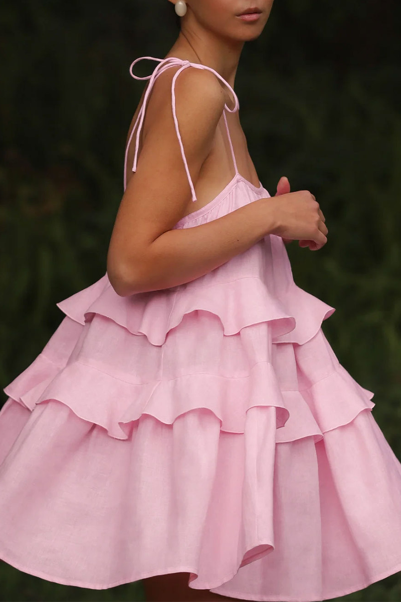 Color Lace Up U Neck Cake Skirt Dresses(3 Colors)