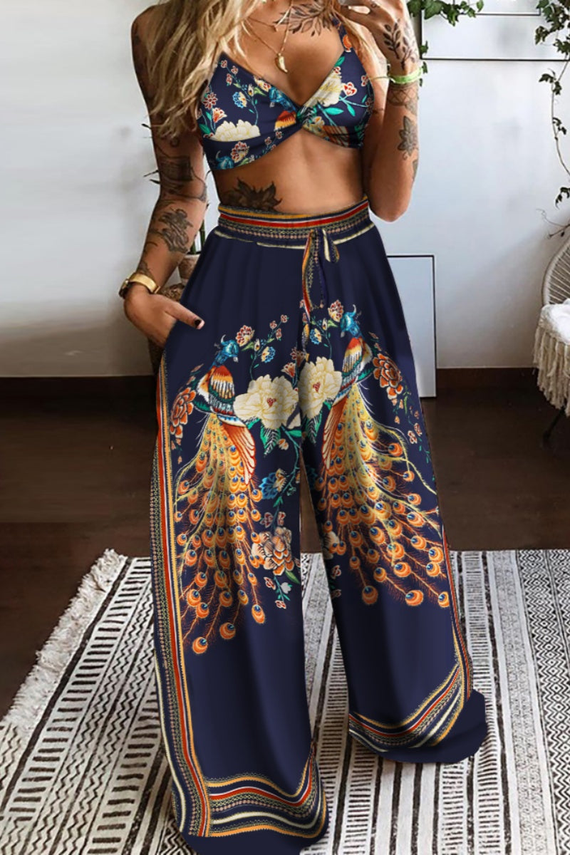 Print Backless Spaghetti Strap Sleeveless Two Pieces