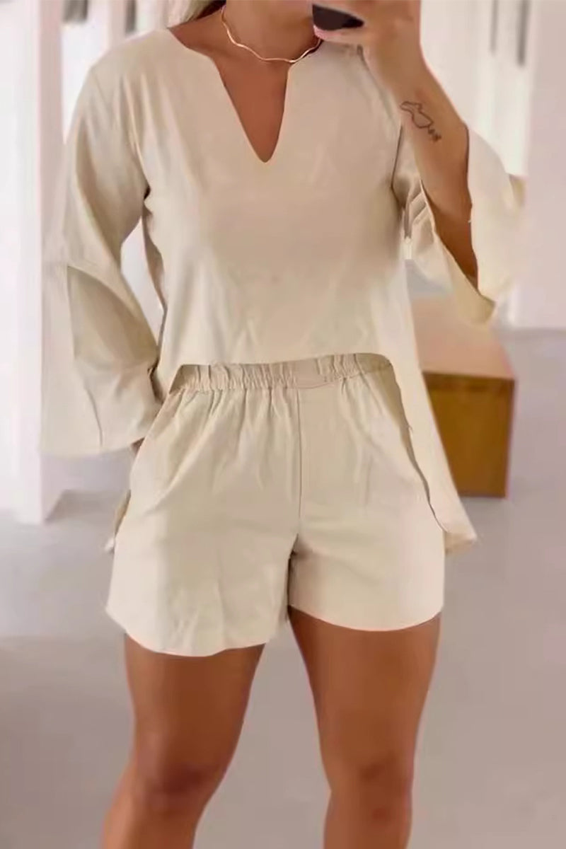 Daily Color Pocket V Neck Long Sleeve Two Pieces