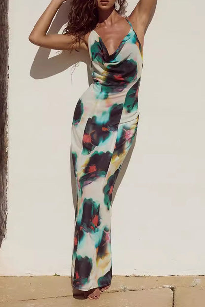 Print Lace Up Backless Halter One Step Skirt Dresses