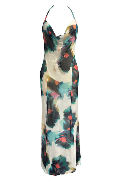Print Lace Up Backless Halter One Step Skirt Dresses
