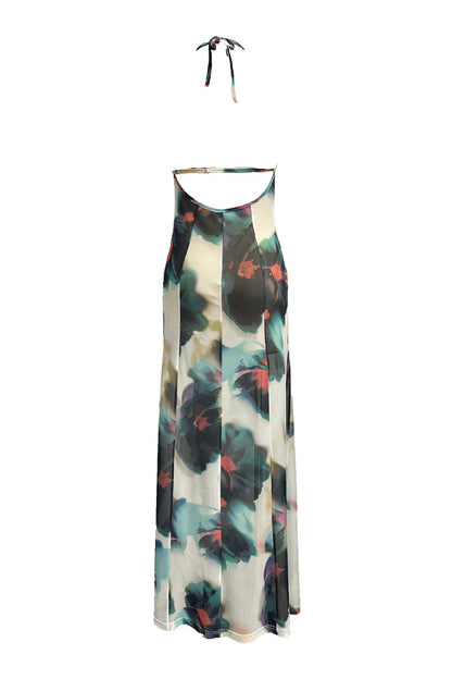 Print Lace Up Backless Halter One Step Skirt Dresses