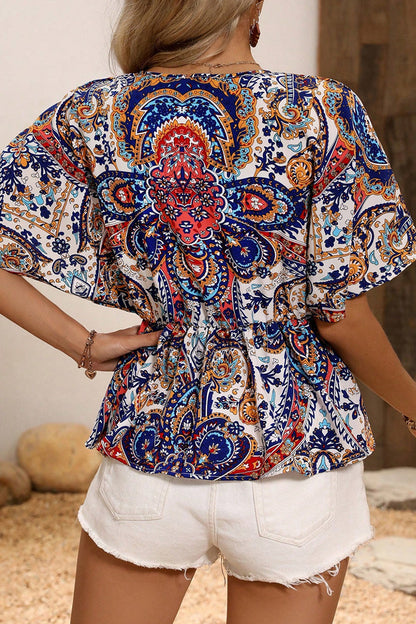 National Totem Print Ruffle V Neck Blouses