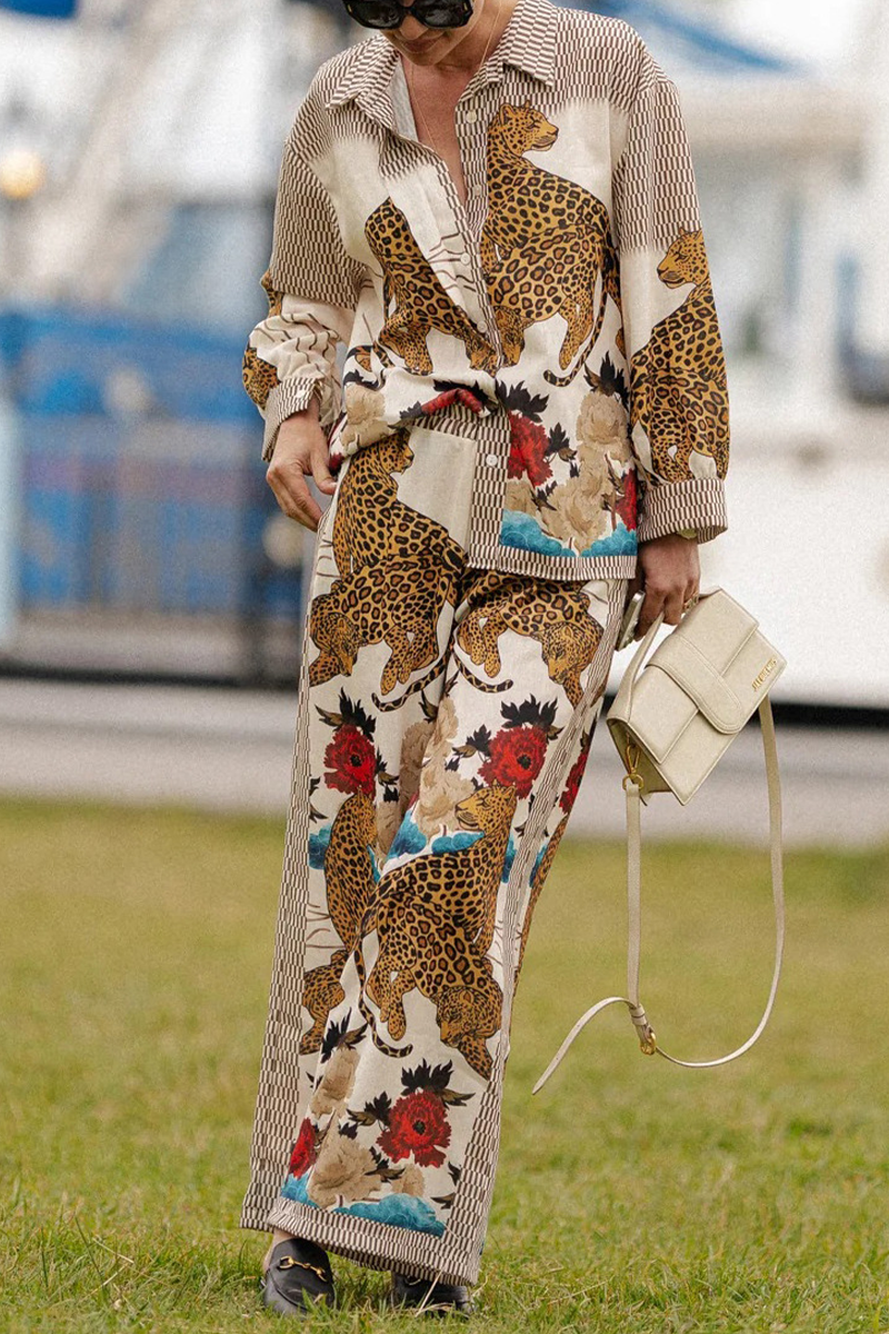 Street Cartoon Print Pocket Turndown Collar Long Sleeve Two Pieces