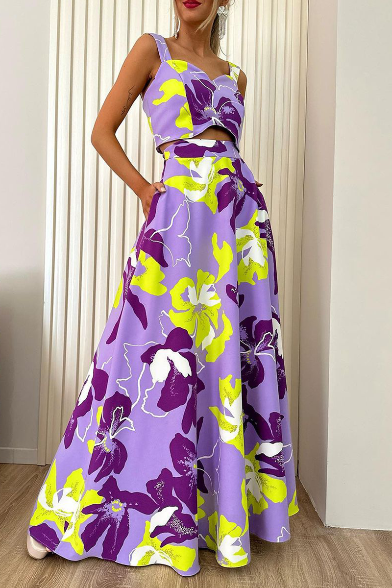Print Pocket Square Neck Sleeveless Two Pieces