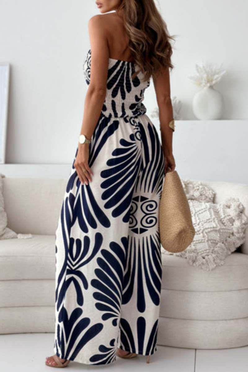 Street Striped Print Pocket Contrast Strapless Loose Jumpsuits(4 Colors)