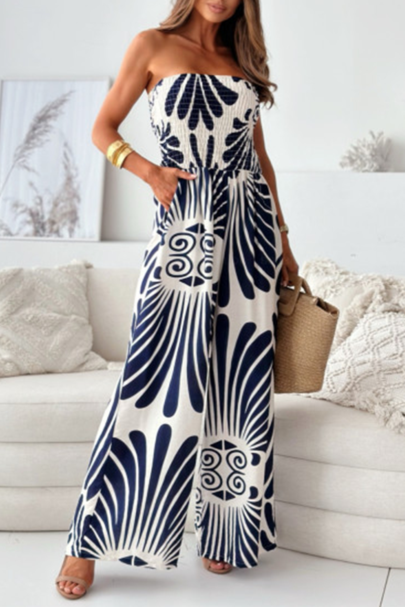 Street Striped Print Pocket Contrast Strapless Loose Jumpsuits(4 Colors)