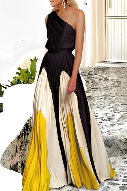 Patchwork Contrast Oblique Collar Waist Skirt Dresses(7 Colors)