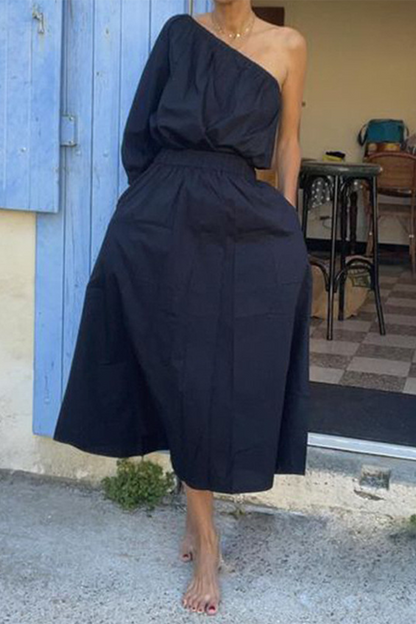 Color Pocket Irregular Oblique Collar Half Sleeve Two Pieces
