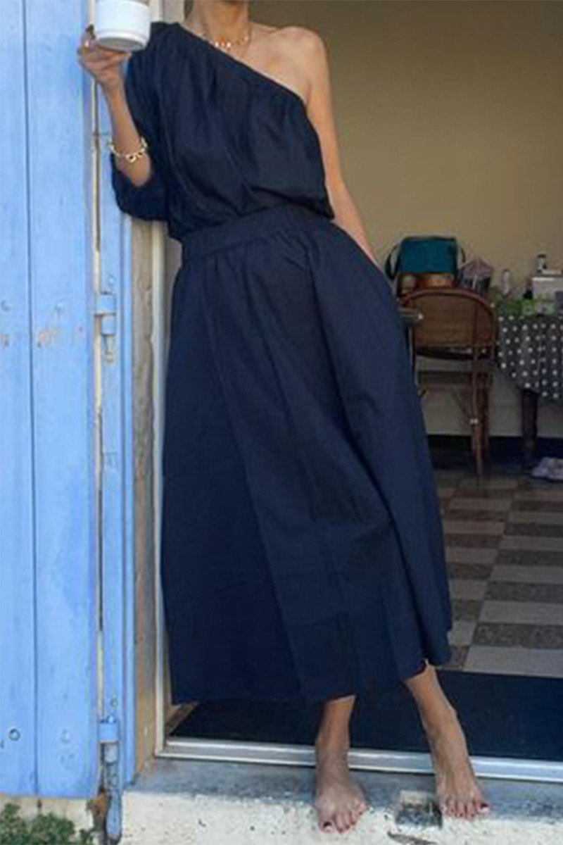Color Pocket Irregular Oblique Collar Half Sleeve Two Pieces