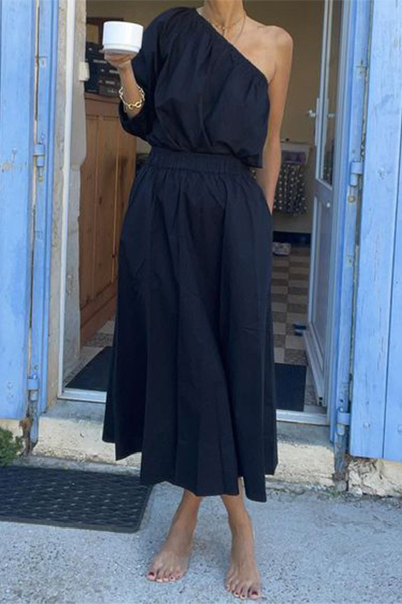 Color Pocket Irregular Oblique Collar Half Sleeve Two Pieces