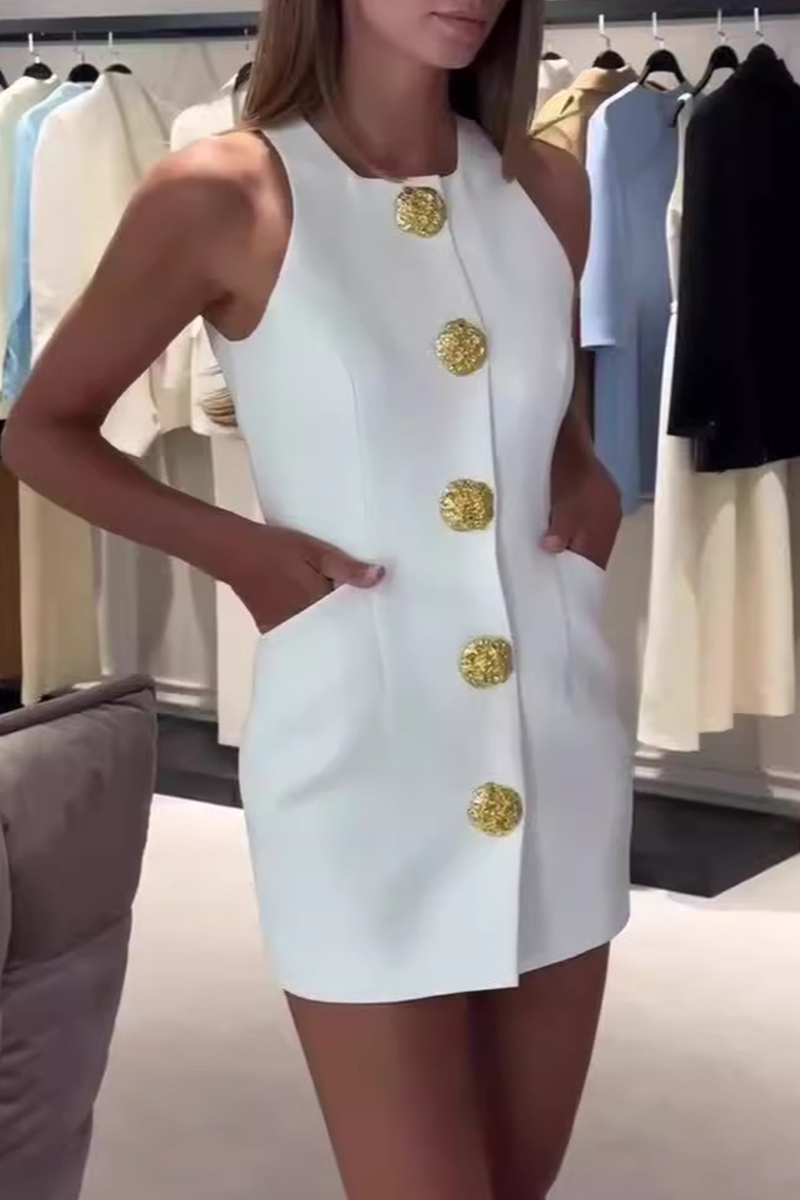 Daily Celebrities Color Buttons O Neck Wrapped Skirt Dresses